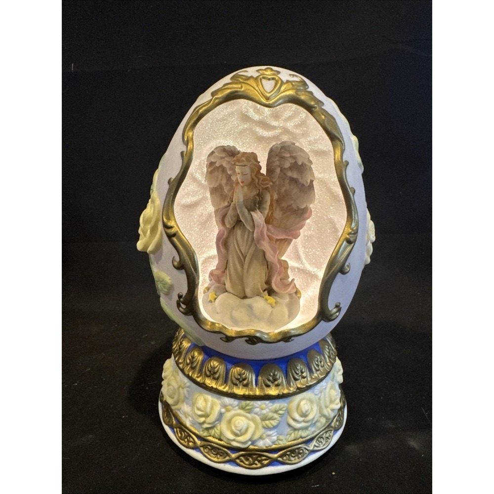 Kings Point Musical Egg with Angel Porcelain Figurine  Tune Amazing Grace